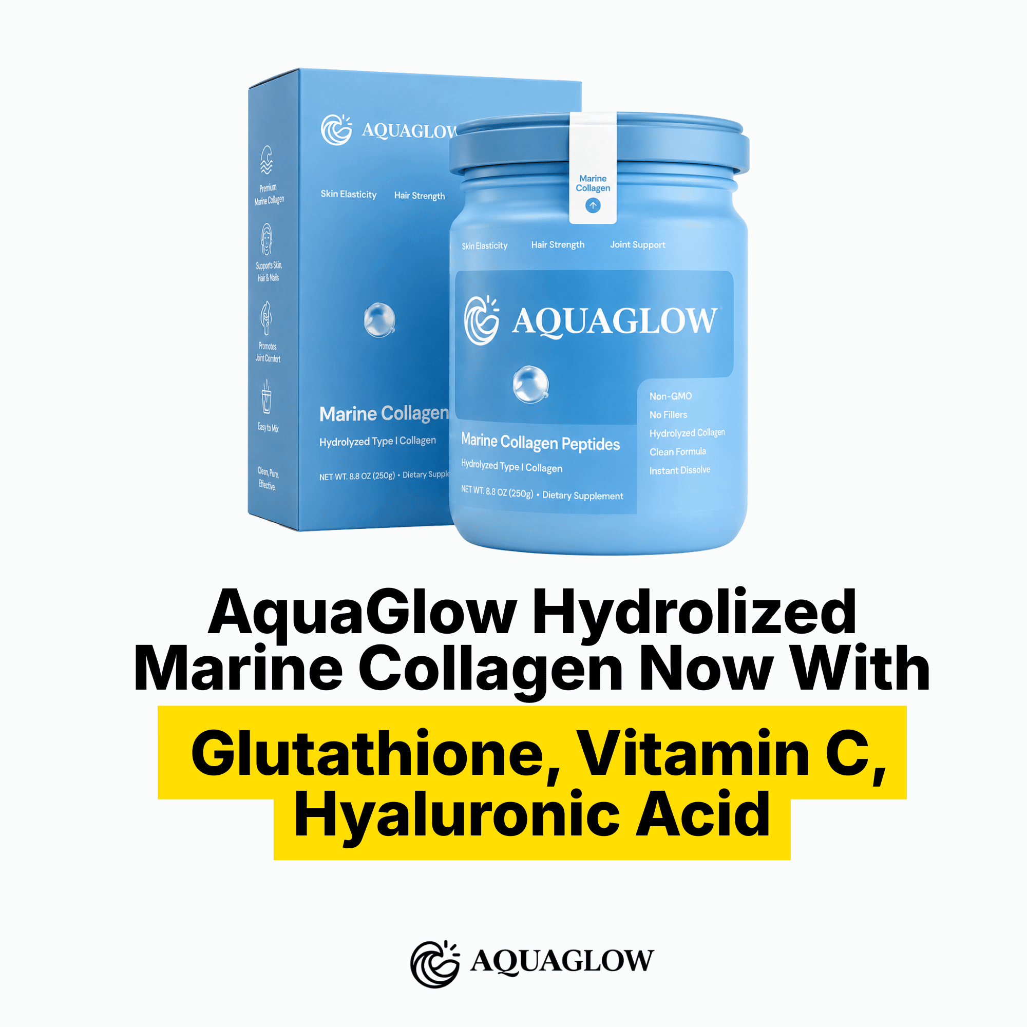 6000mg Marine Hydrolized Collagen, Vitamin C, Hyaluronic Acid, Glutathione For Radiant Skin - AquaGlow