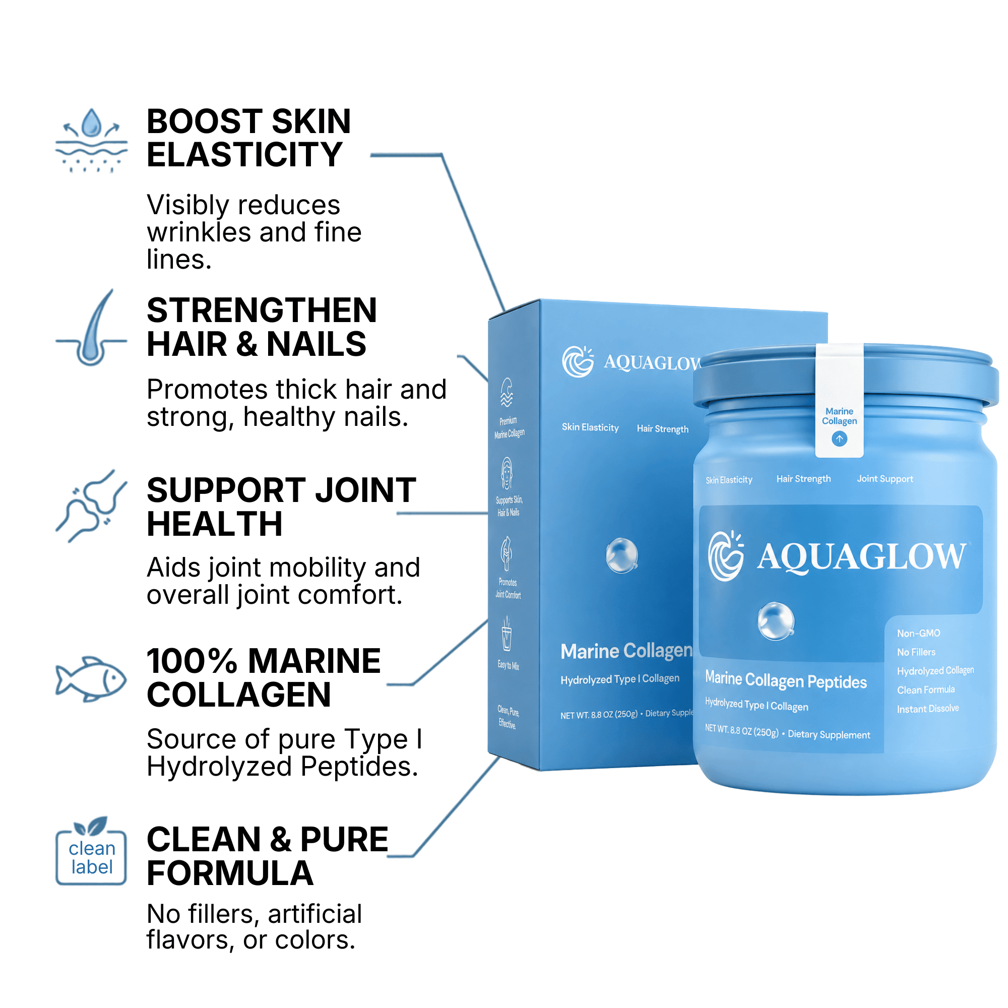 6000mg Marine Hydrolized Collagen, Vitamin C, Hyaluronic Acid, Glutathione For Radiant Skin - AquaGlow